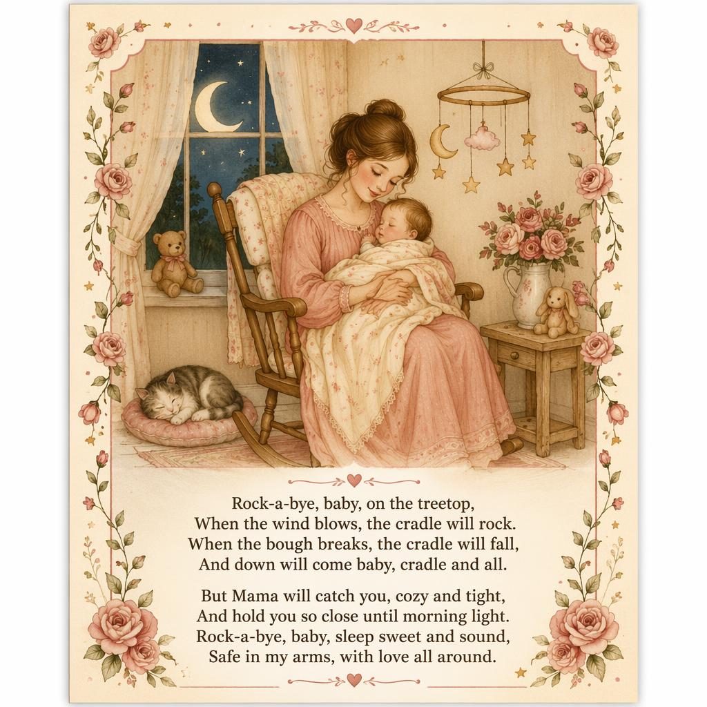 Illustratives Kinderzimmer-Poster im Märchenbuchstil in Creme und Rosé mit sanfter Szene, Zierrahmen und Liedtext unten.