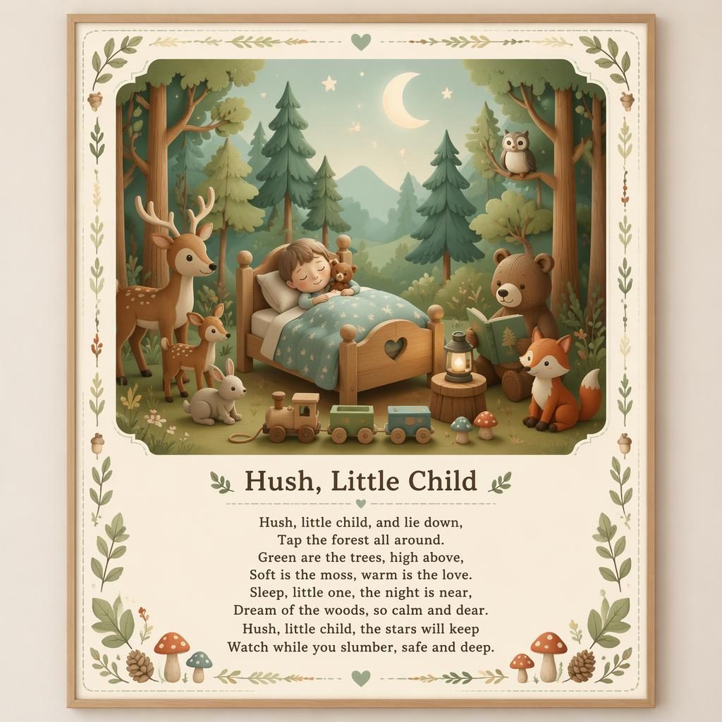 Illustriertes Wald-Kinderzimmer-Poster in Pastell mit Tiermotiven, Deko-Rahmen und Reimtextbereich unten