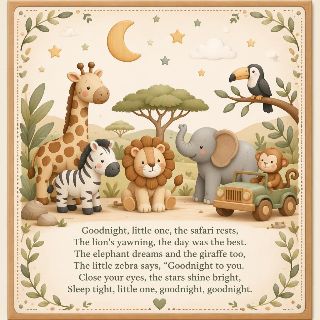 Illustrated nursery poster with pastel safari animals, decorative border, and clean lyrics area in a wooden toy style