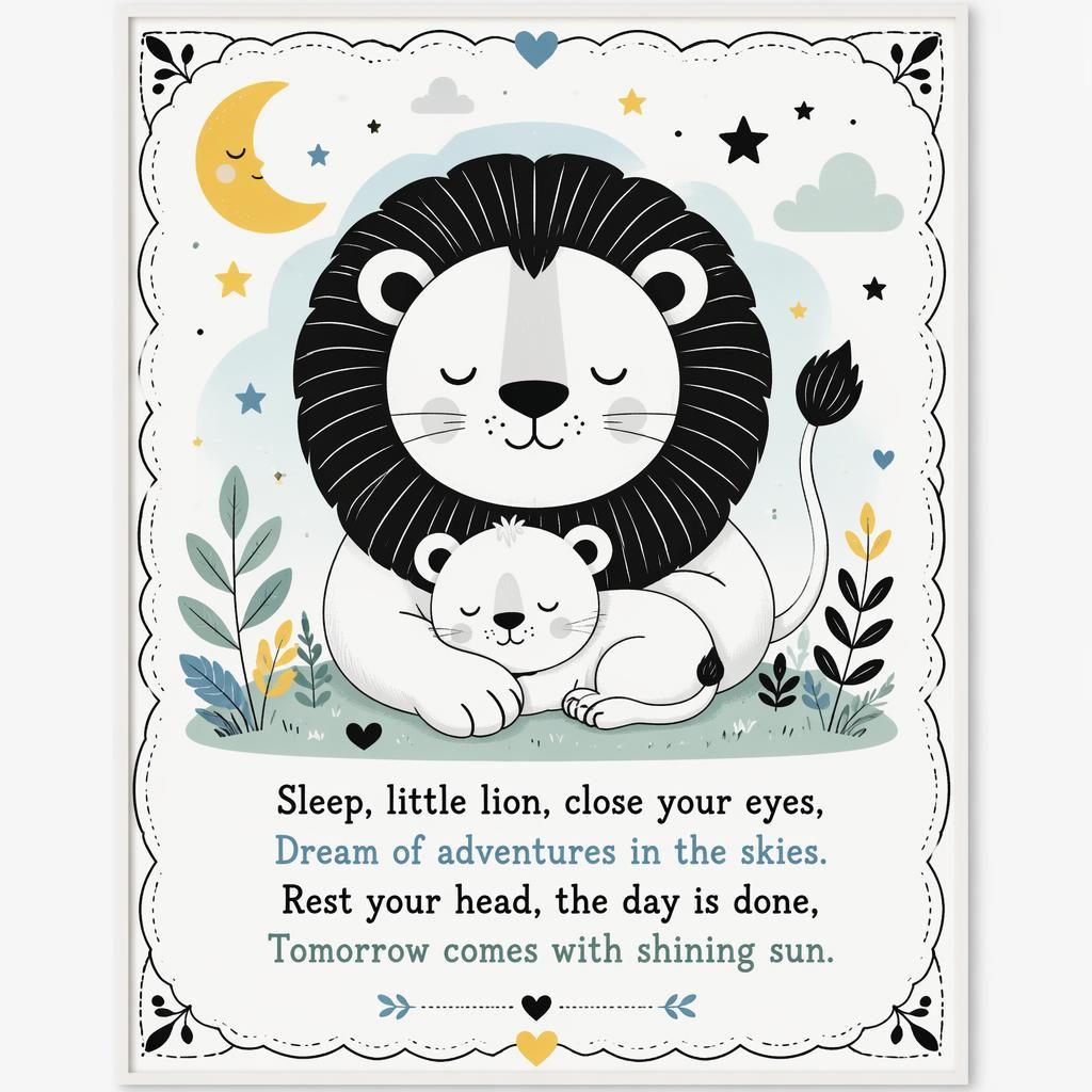 Illustration eines sanften Löwen in Schwarz-Weiß mit dekorativem Rand im modernen Pastellstil als Kinderzimmer-Poster.