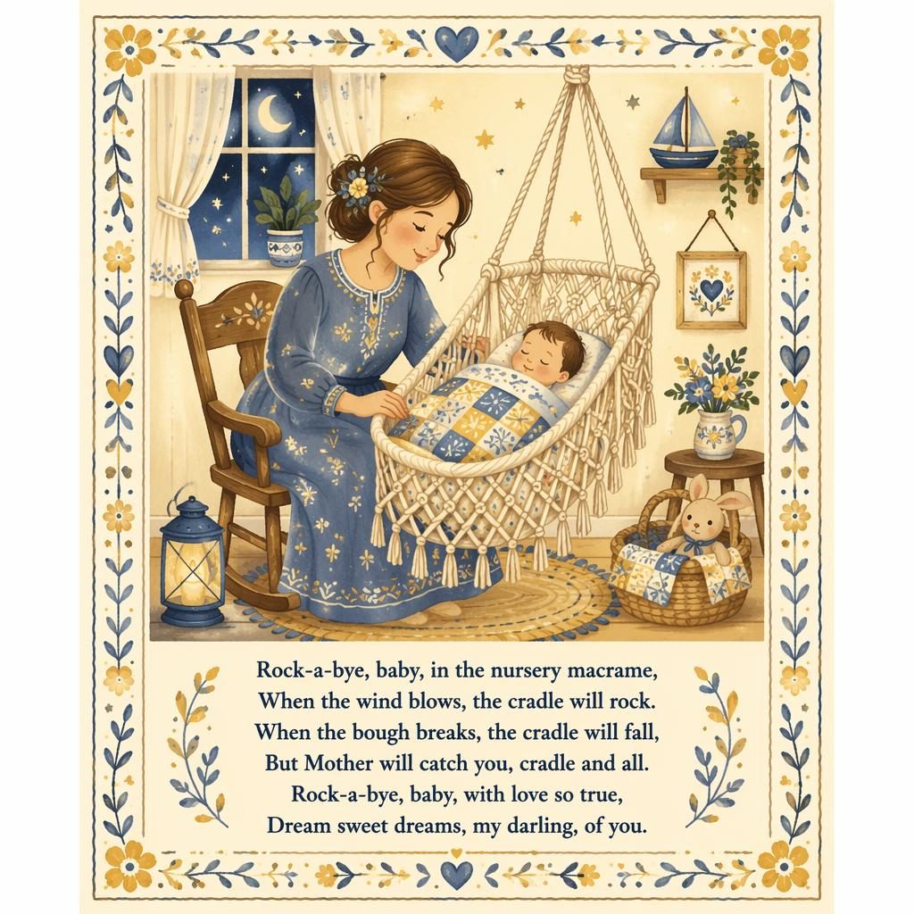 Folk art nursery poster in soft yellow and blue with a gentle illustrated scene, decorative border, and lyrics area at bottom.