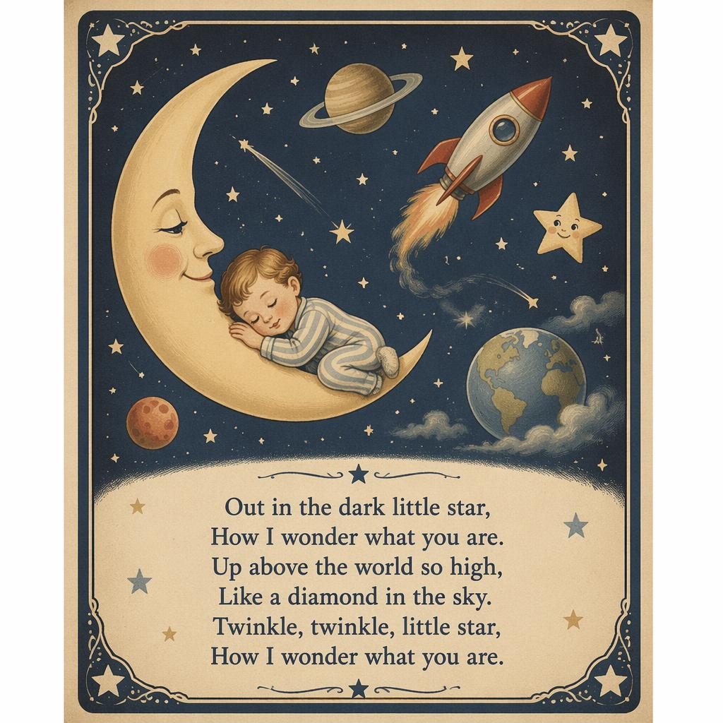 Illustrated outer space nursery wall art poster with moon, stars, planets, decorative border, and lyric area in muted tones