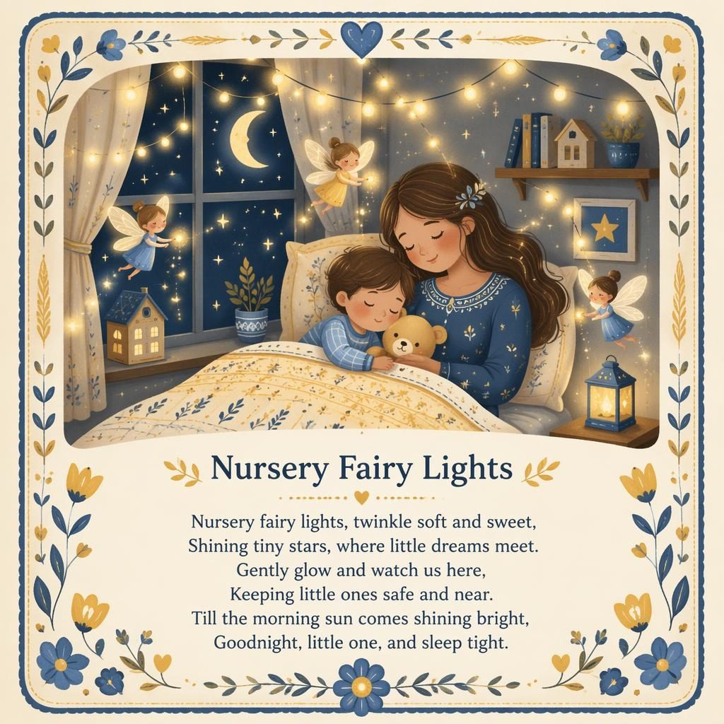 Folk art nursery poster with soft yellow and blue fairy lights, decorative border, and lullaby lyrics area at the bottom.
