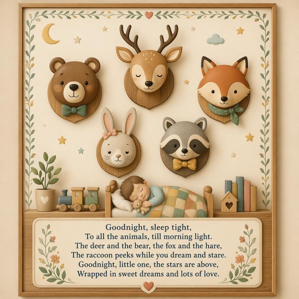 Pastel nursery poster with illustrated animal head wall decor, decorative border, and lullaby lyrics area at the bottom