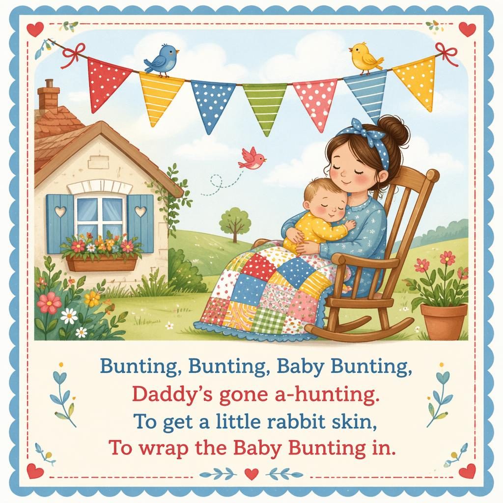 Illustrated nursery wall poster with a gentle bunting-themed rhyme scene, pastel colors, playful border, and clean lyrics area.