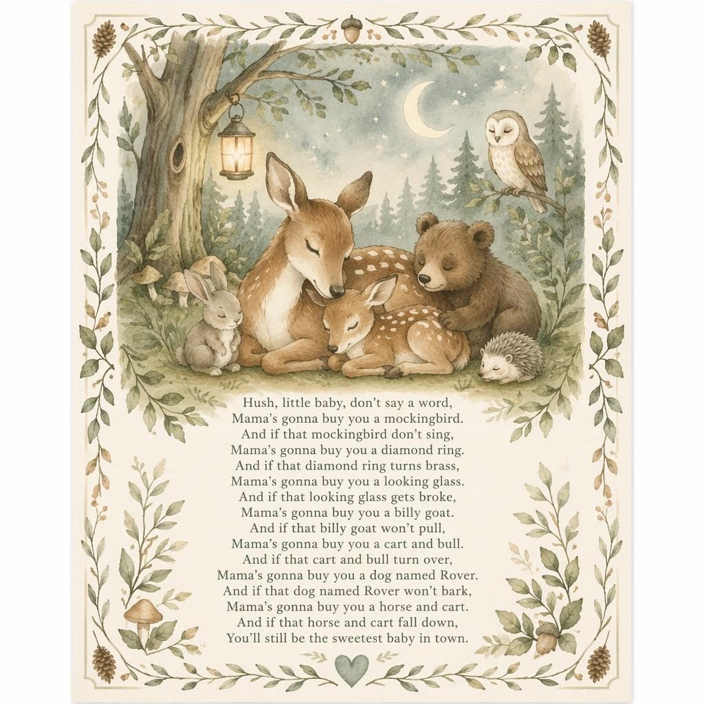 Watercolor nursery wall poster with woodland animals, sage and beige tones, decorative border, and rhyme text at bottom.