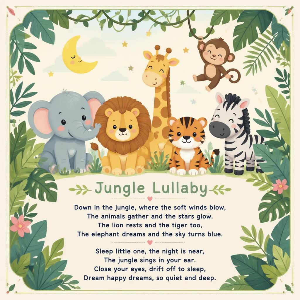 Pastel nursery poster with a playful jungle illustration, decorative border, and clean lyric text area at the bottom.