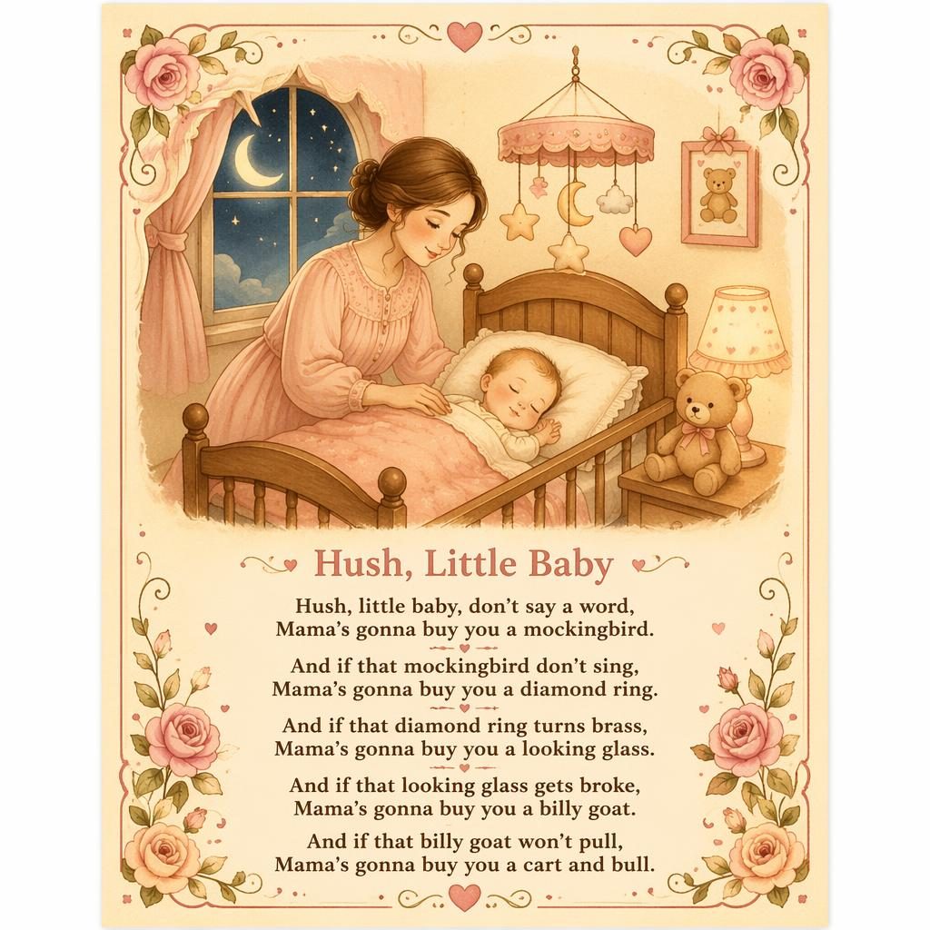 Illustrated nursery wall poster in warm cream and rose tones with crib decoration items, decorative border, and lyrics area.