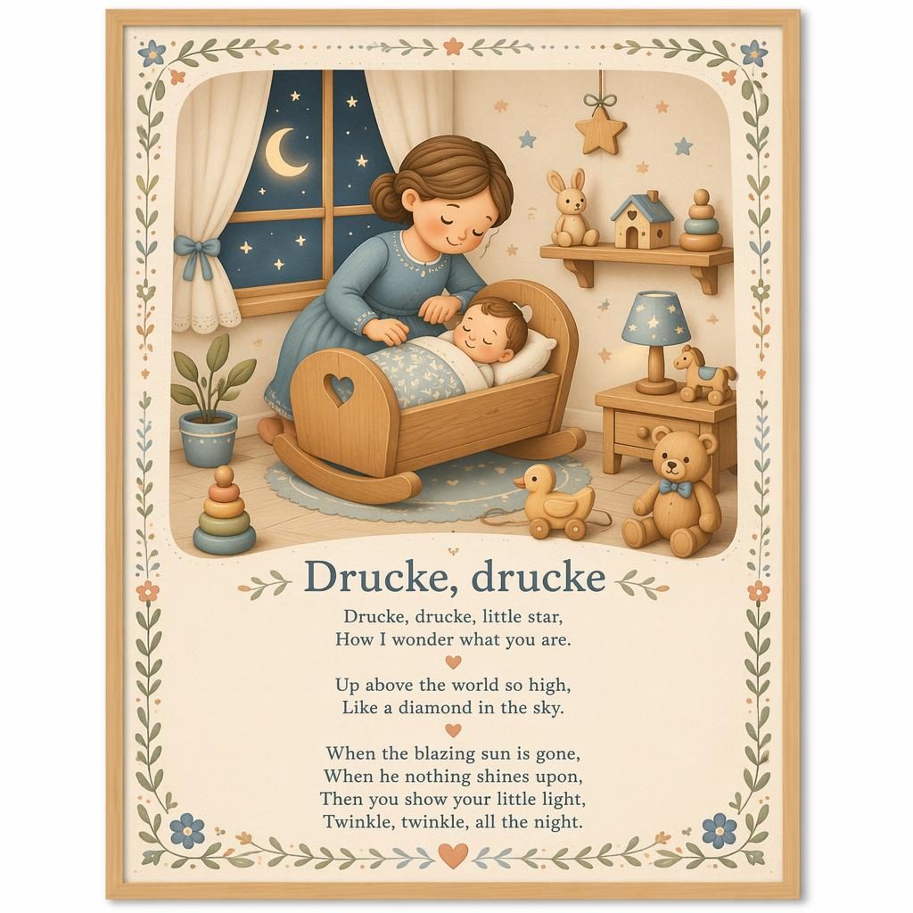 Illustratives Kinderzimmer-Poster im Holzspielzeug-Stil mit sanften Pastellfarben, Zierrahmen und Liedtext unten.