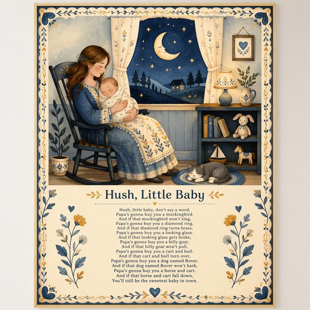 Illustratives Kinderzimmer-Poster im Folk-Art-Stil in sanftem Gelb und Blau mit dekorativem Rand und Liedtext unten.