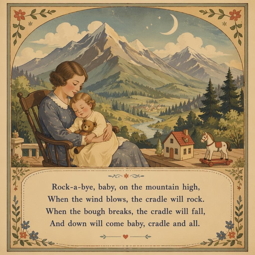 Vintage-style nursery poster with soft mountain mural illustration, muted 1930s colors, decorative border, and lyrics area at bottom.