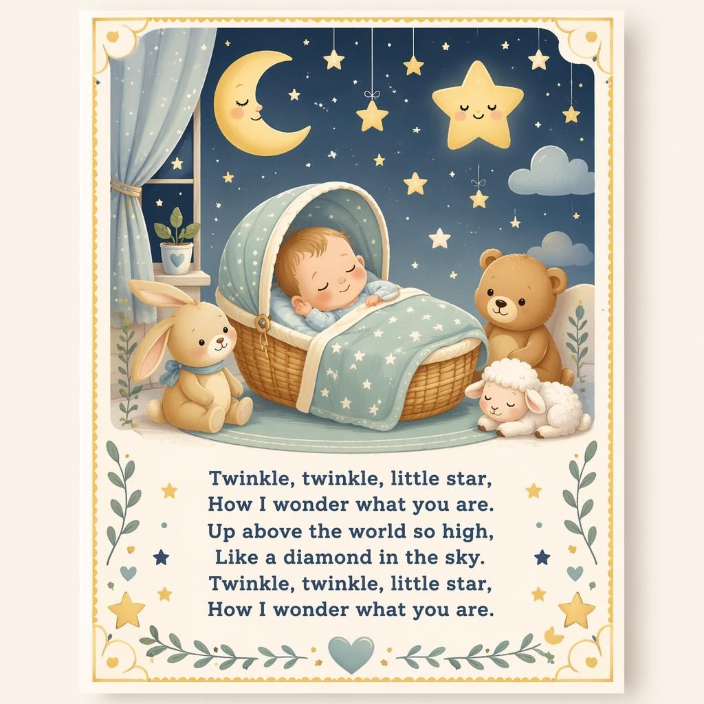 Illustriertes Poster fürs Babyzimmer in Pastellfarben mit sanfter Kinderszene, dekorativem Rahmen und Liedtext unten
