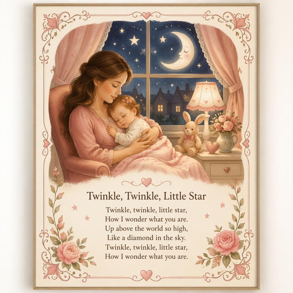 Illustratives Kinderzimmer-Poster in Creme und Rosé mit sanfter Reimszene, Zierrahmen und Textbereich am unteren Rand.