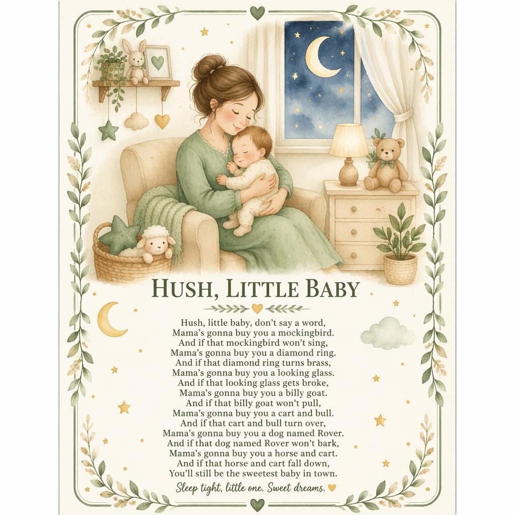 Watercolor nursery poster in sage and beige with a gentle interior scene, decorative border, and clean lyric area.