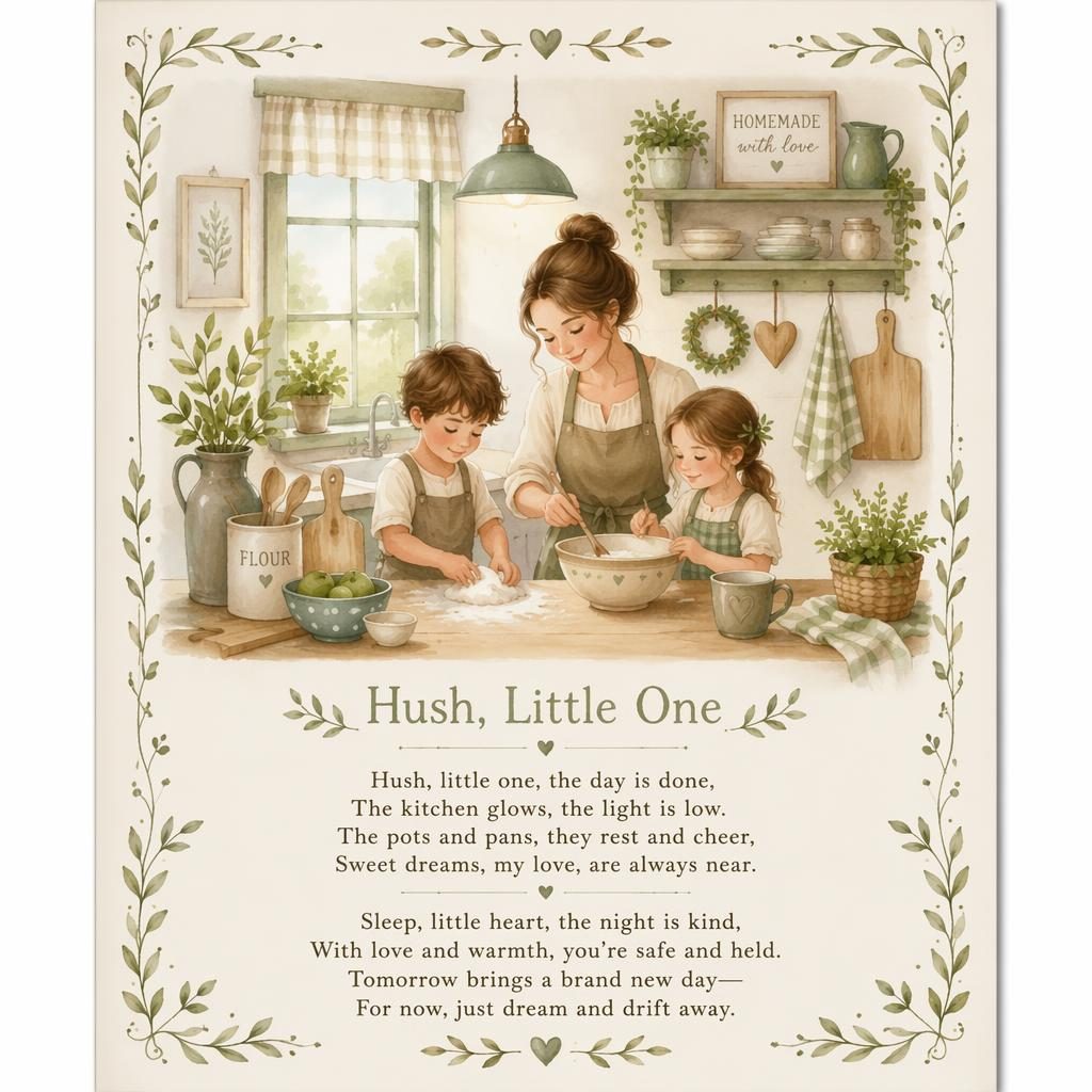 Sanftes Aquarell-Kinderposter in Salbei und Beige mit Küchenszene, Zierrahmen und Liedtext unten im Layout