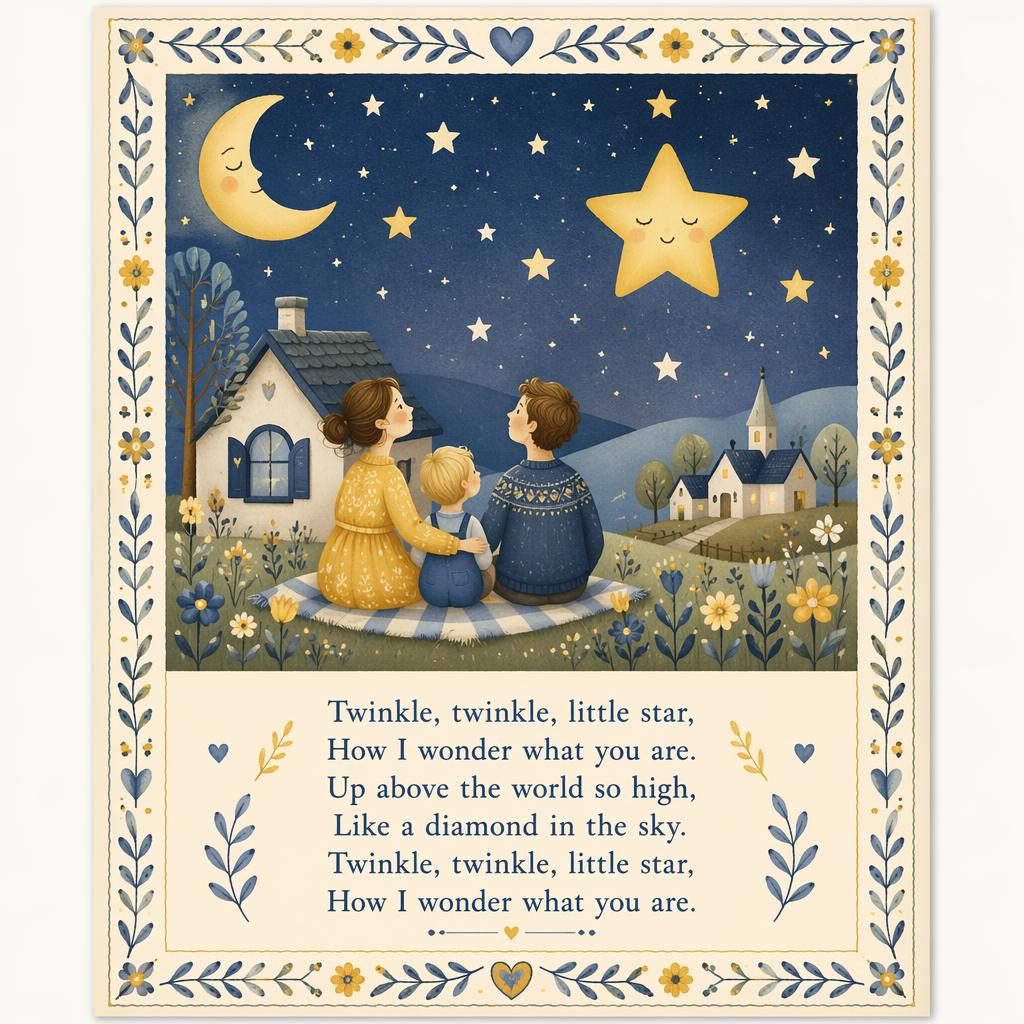Illustratives Kinderzimmer-Poster im Folk-Art-Stil in sanftem Gelb und Blau mit Wiegenlied-Szene und Zierrahmen