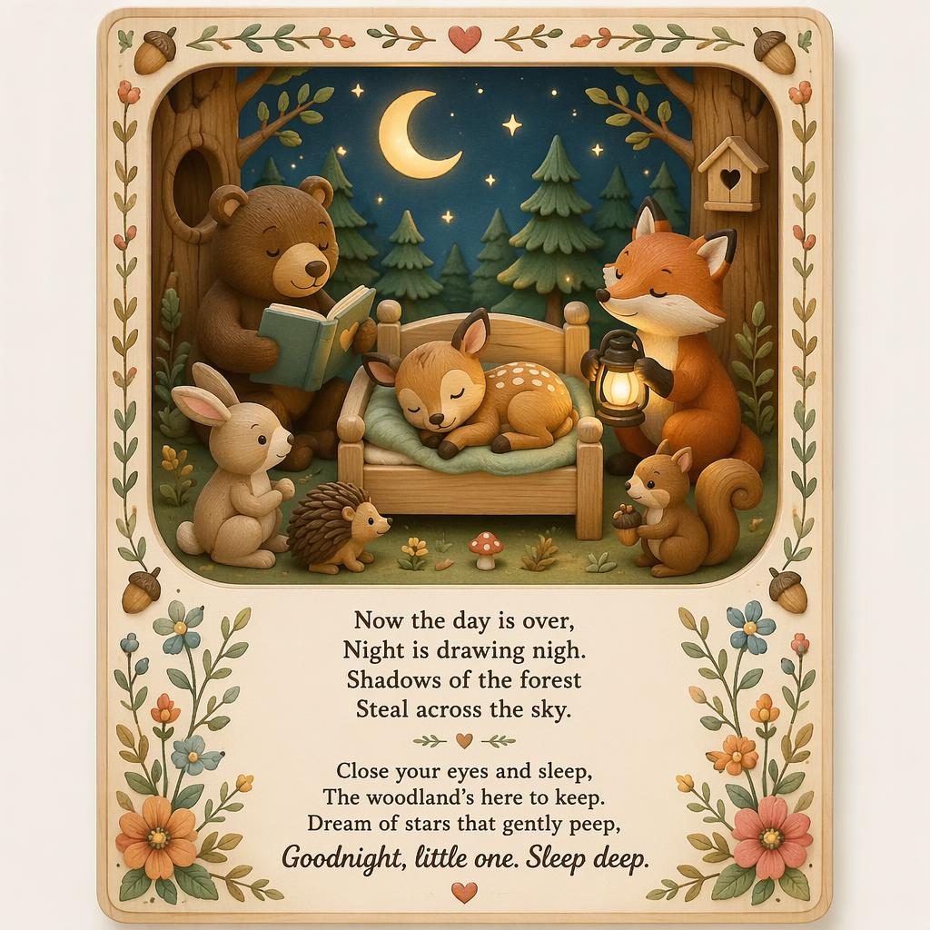 Illustrated nursery poster with woodland animals, pastel cozy palette, decorative border, and clean lyric area at bottom.