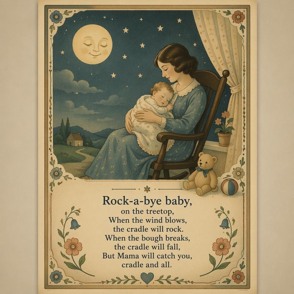 Illustriertes Kinderzimmer-Poster im Stil der 1930er mit sanfter Szene, Zierrahmen und Liedtext unten