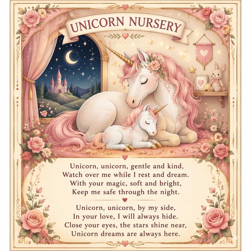 Illustrated unicorn nursery poster with a warm cream and rose palette, decorative border, and clean lyrics area at bottom.
