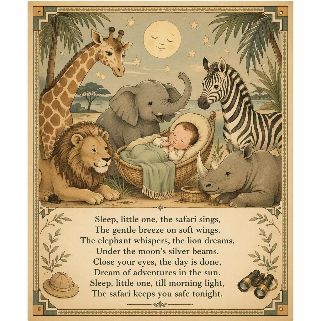 Vintage-style nursery poster with gentle safari illustrations, muted 1930s palette, decorative border, and lyric text at bottom.