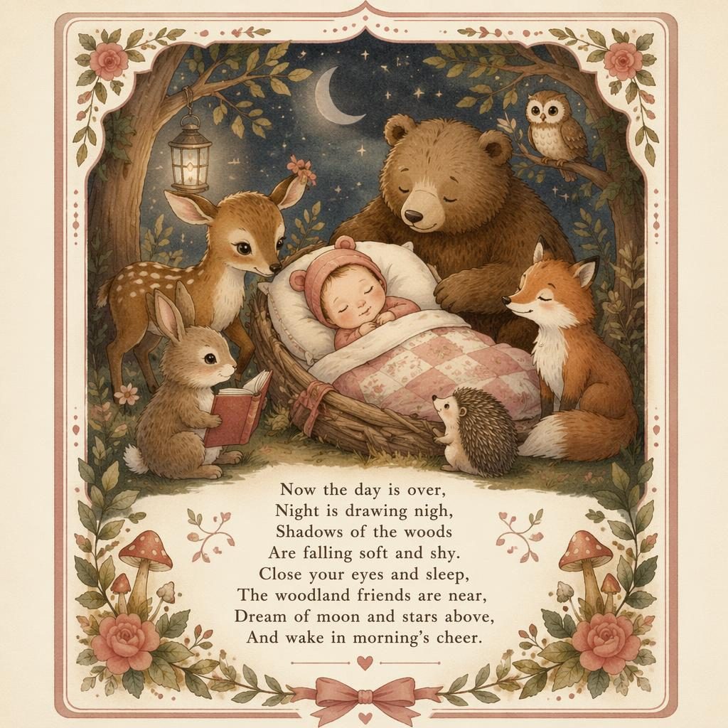 Storybook-style nursery wall poster with woodland animals, warm cream and rose tones, decorative border, and lullaby lyrics at bottom.
