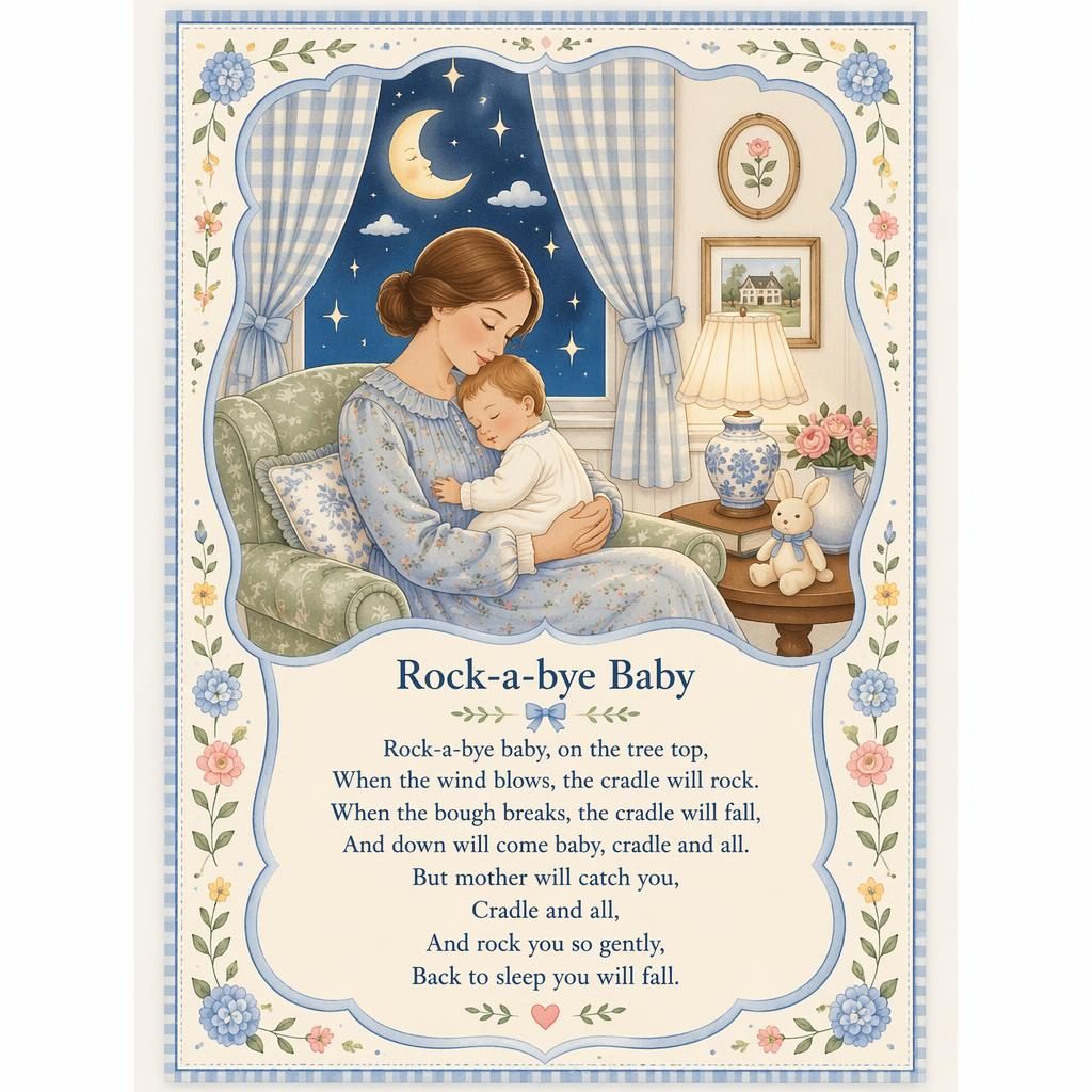 Illustrated nursery wall poster in a grandmillennial nursery style with pastel colors, playful primary accents, a decorative border, and lyric text at the bottom.