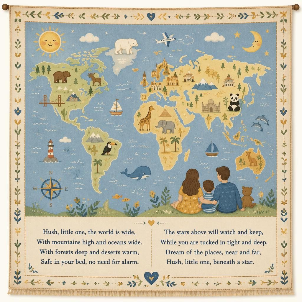 Folk art nursery poster with a soft yellow and blue world map tapestry, decorative border, and lyrics layout at bottom.