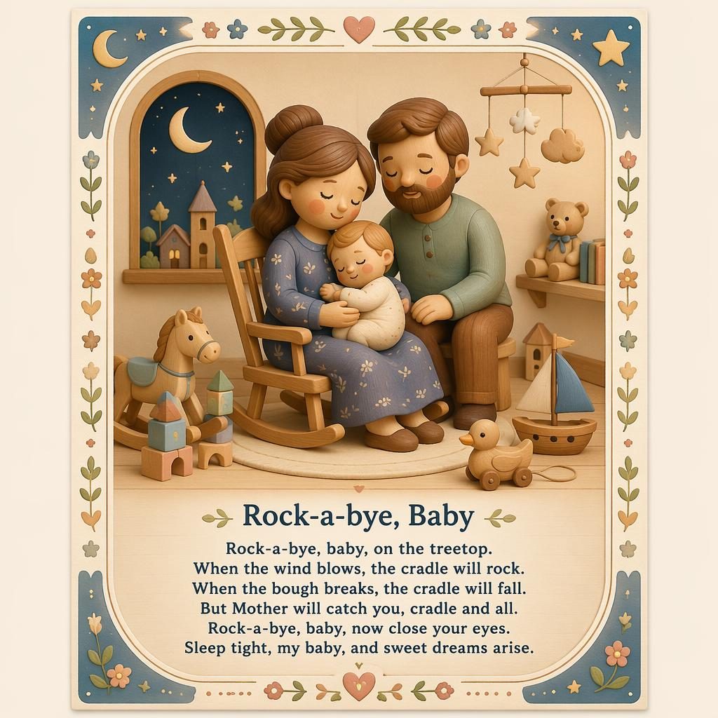 Illustratives Kinderzimmer-Poster im Holzspielzeug-Stil mit sanften Pastellfarben, Reimszene, Zierrahmen und Textleiste unten.