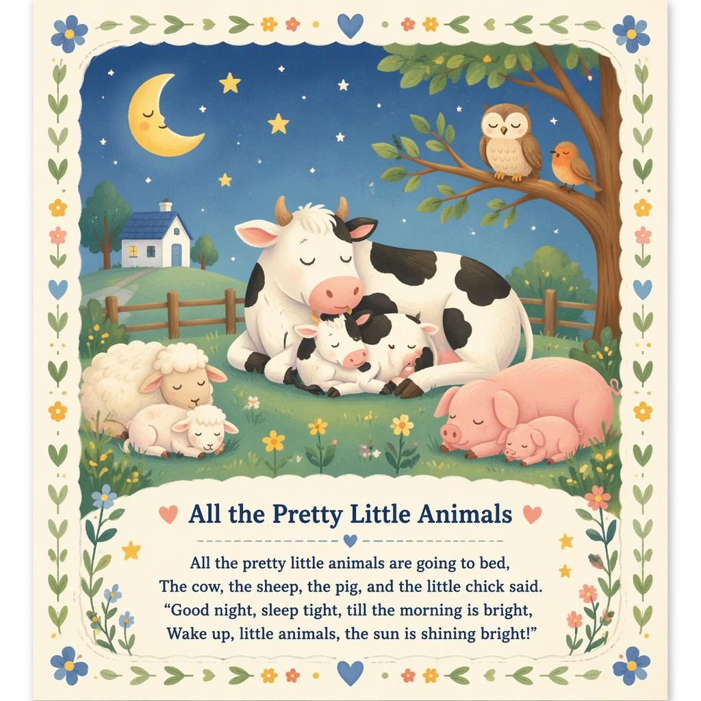 Illustration eines sanften Nursery-Posters mit Tiermotiven, Pastellfarben, dekorativem Rahmen und Textbereich unten.
