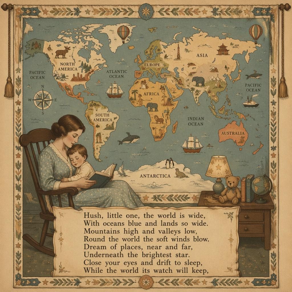 Vintage-style nursery poster with an illustrated world map tapestry, muted 1930s palette, decorative border, and lyrics area.