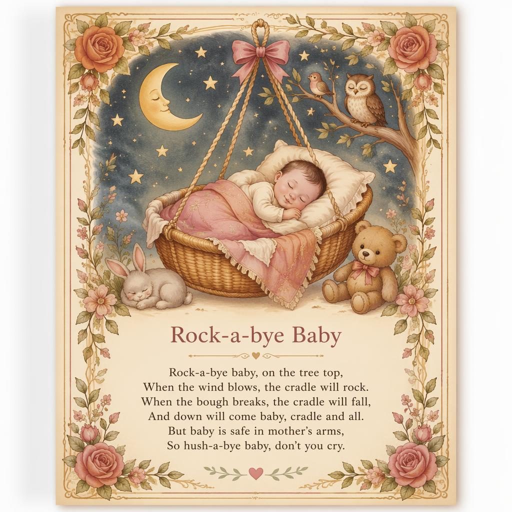 Illustrated nursery wall poster in warm cream and rose tones with a gentle storybook scene, decorative border, and lyrics area at the bottom.