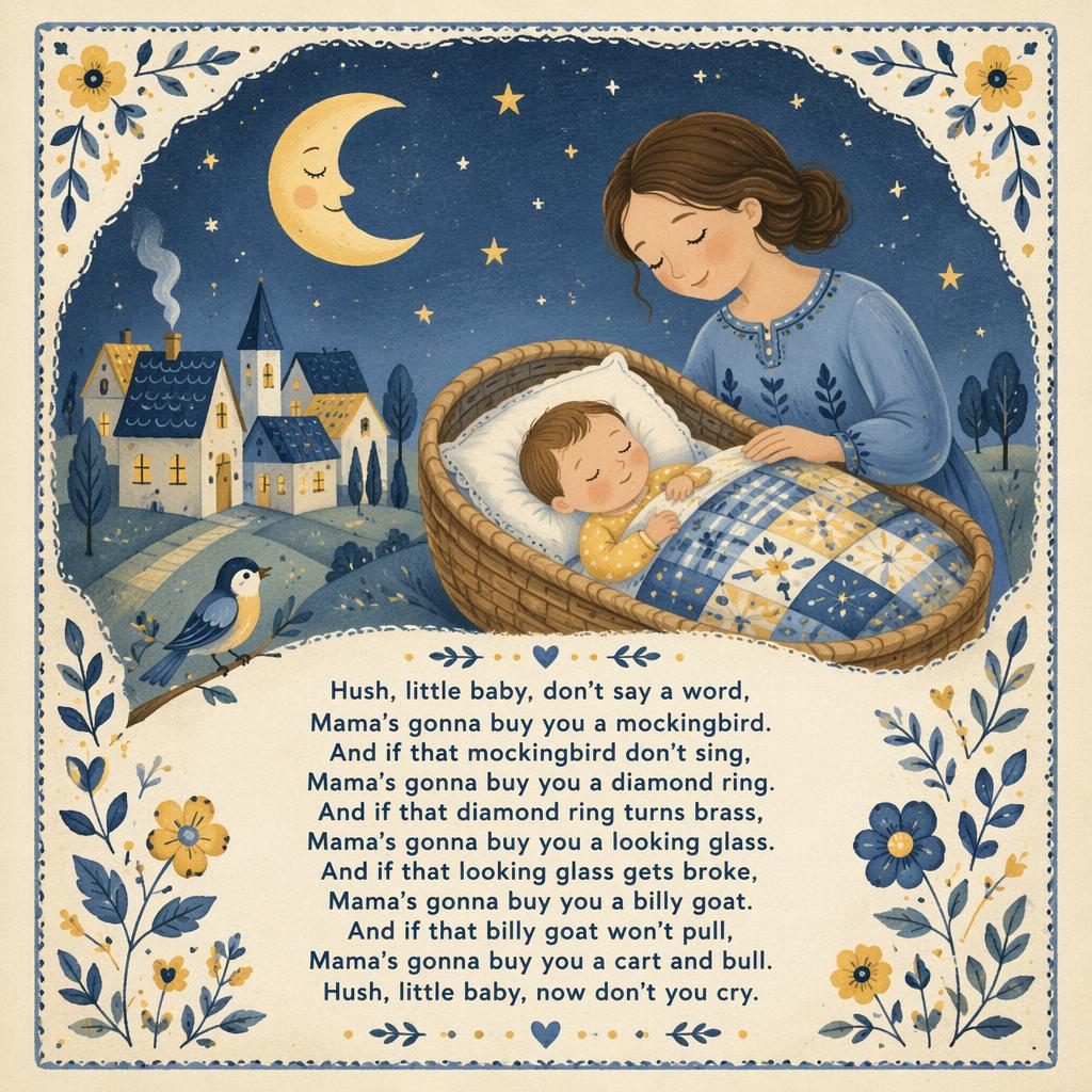 Illustriertes Kinderzimmer-Poster im Folk-Art-Stil in sanftem Gelb und Blau mit Reimszene, Zierrahmen und Textbereich unten