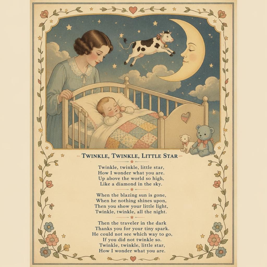 Vintage-style nursery poster with a gentle illustrated lullaby scene, muted 1930s colors, border, and text area at bottom.