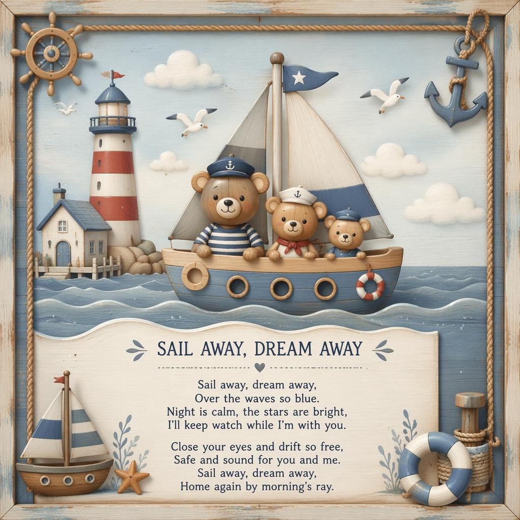 Illustriertes Kinderzimmer-Poster mit maritimer Szene, Pastellfarben, Holzspielzeug-Look, Zierrahmen und Textbereich unten.
