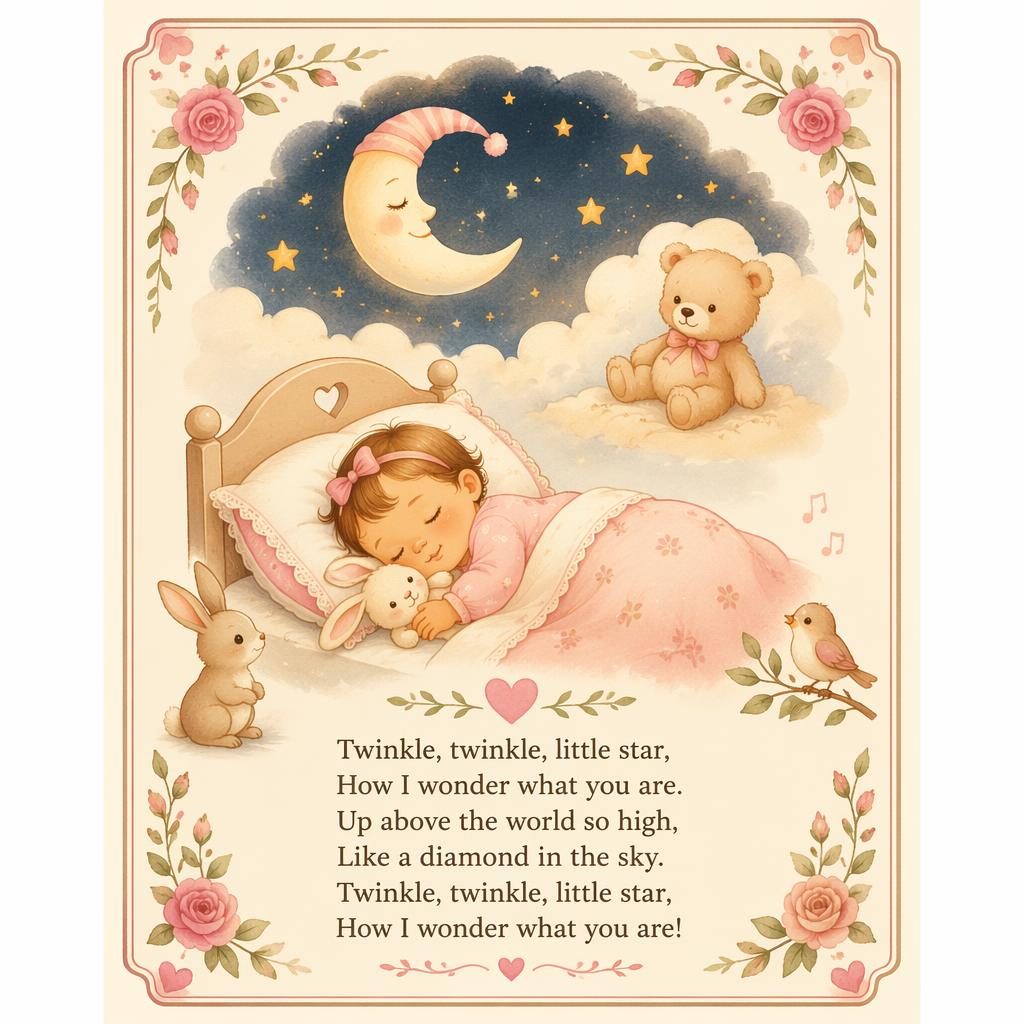Storybook-style nursery poster with a warm cream and rose palette, decorative border, and lullaby scene for a child's room.