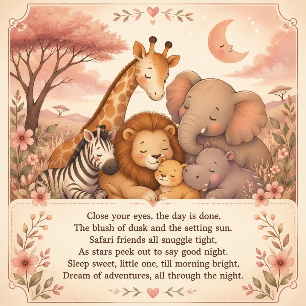 Storybook-style nursery poster with blush safari animals, warm cream and rose tones, decorative border, and lyric text area.