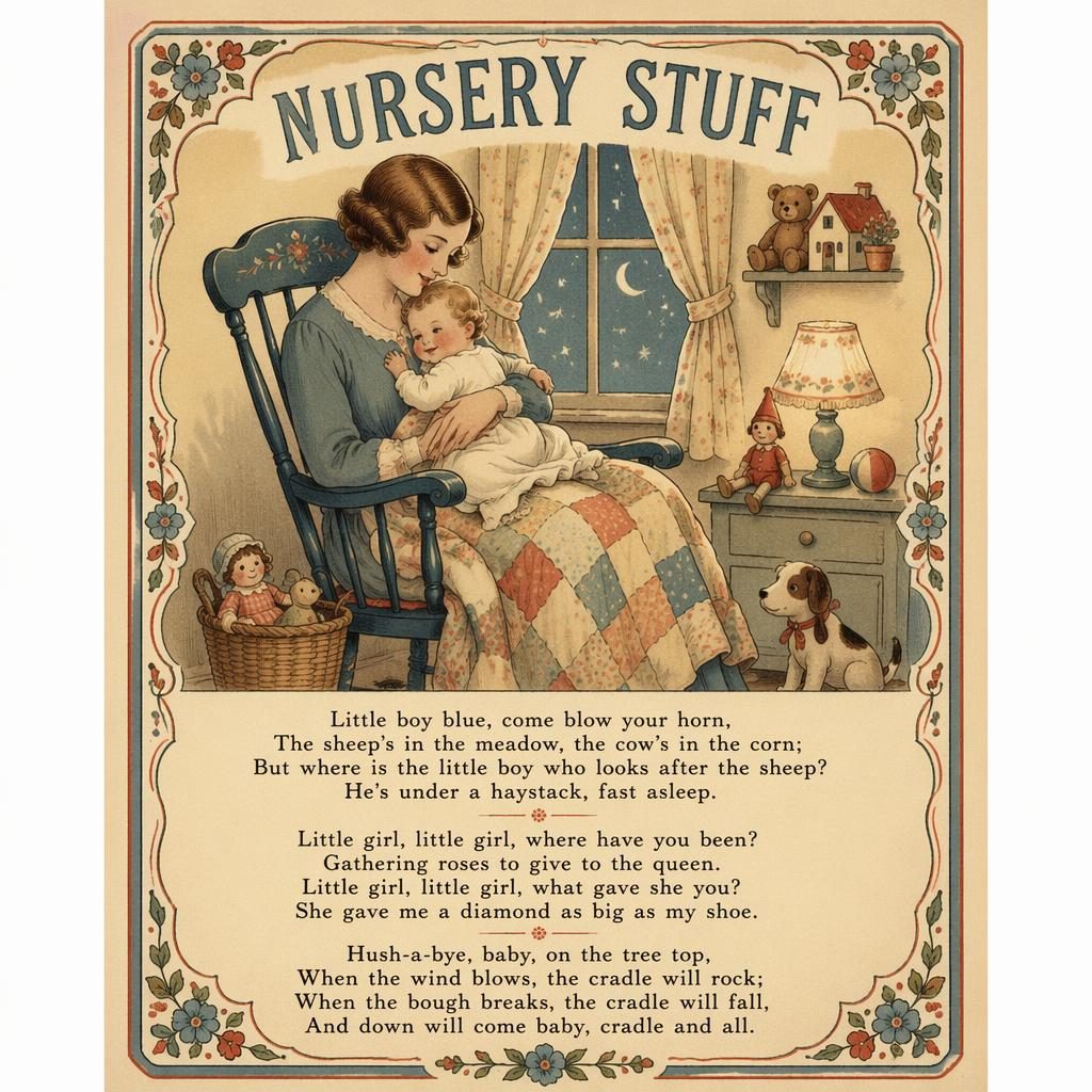 Vintage 1930s style nursery wall poster with gentle illustrated nursery scene, muted colors, decorative border, and lyrics at bottom.