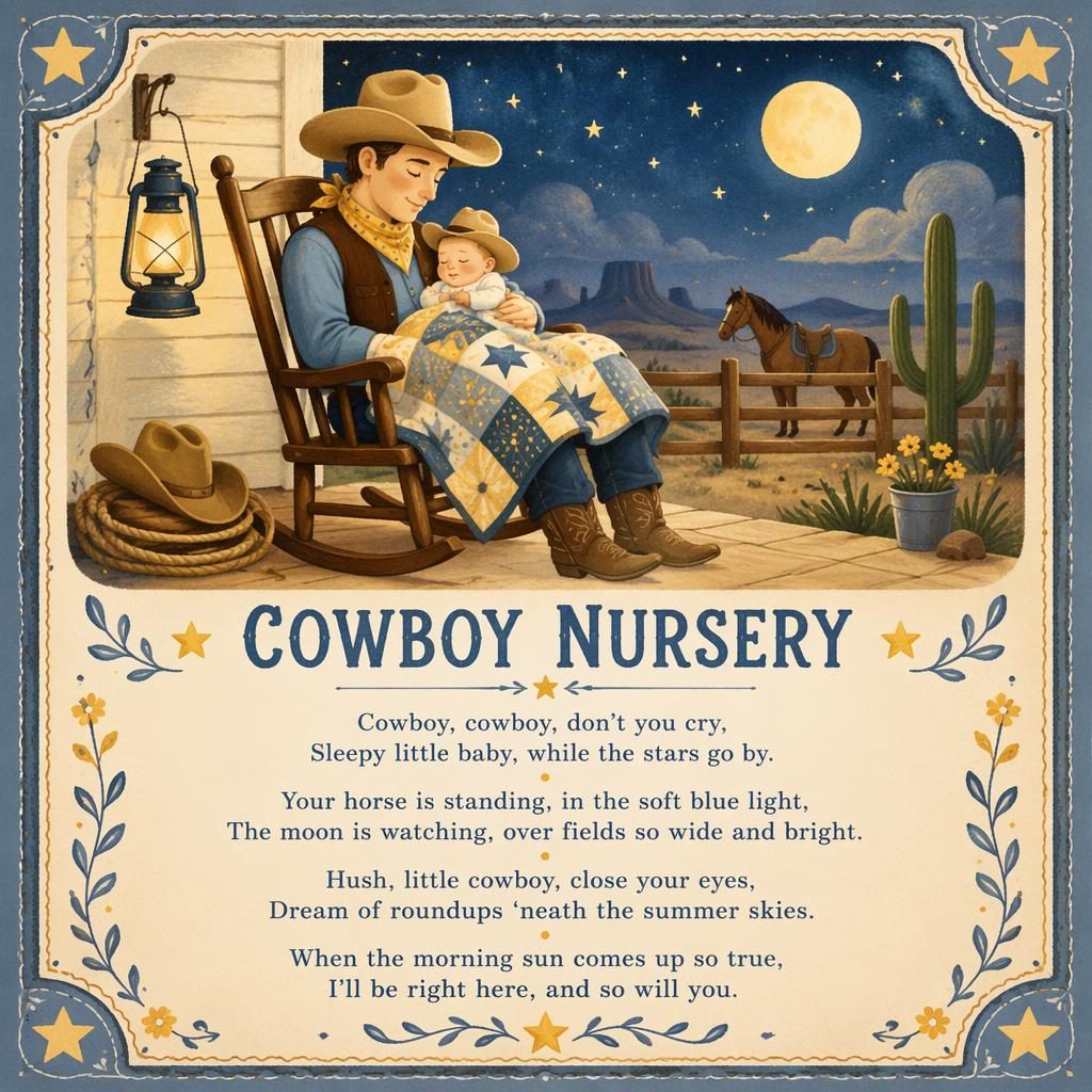 Folk art nursery wall poster with a gentle cowboy-themed scene, soft yellow and blue tones, border, and lyrics area at bottom.
