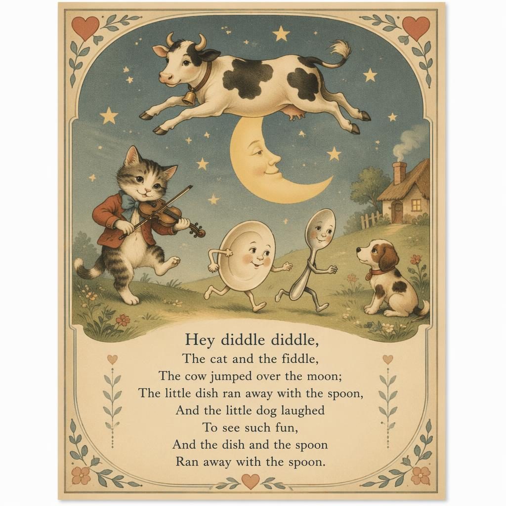 Vintage-style nursery poster with a gentle illustrated lullaby scene, muted 1930s palette, decorative border, and text area below.
