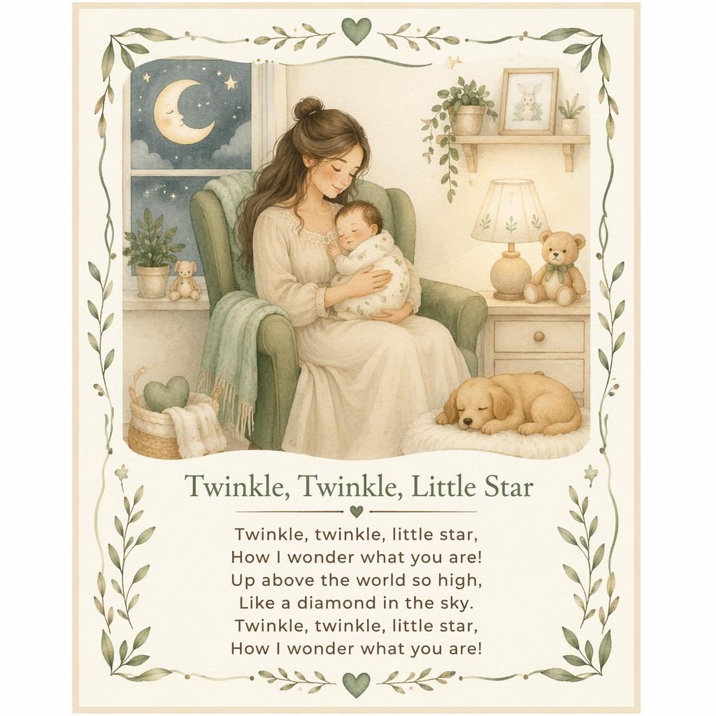 Watercolor nursery wall poster in sage and beige with a gentle illustrated scene, decorative border, and lyrics area at bottom