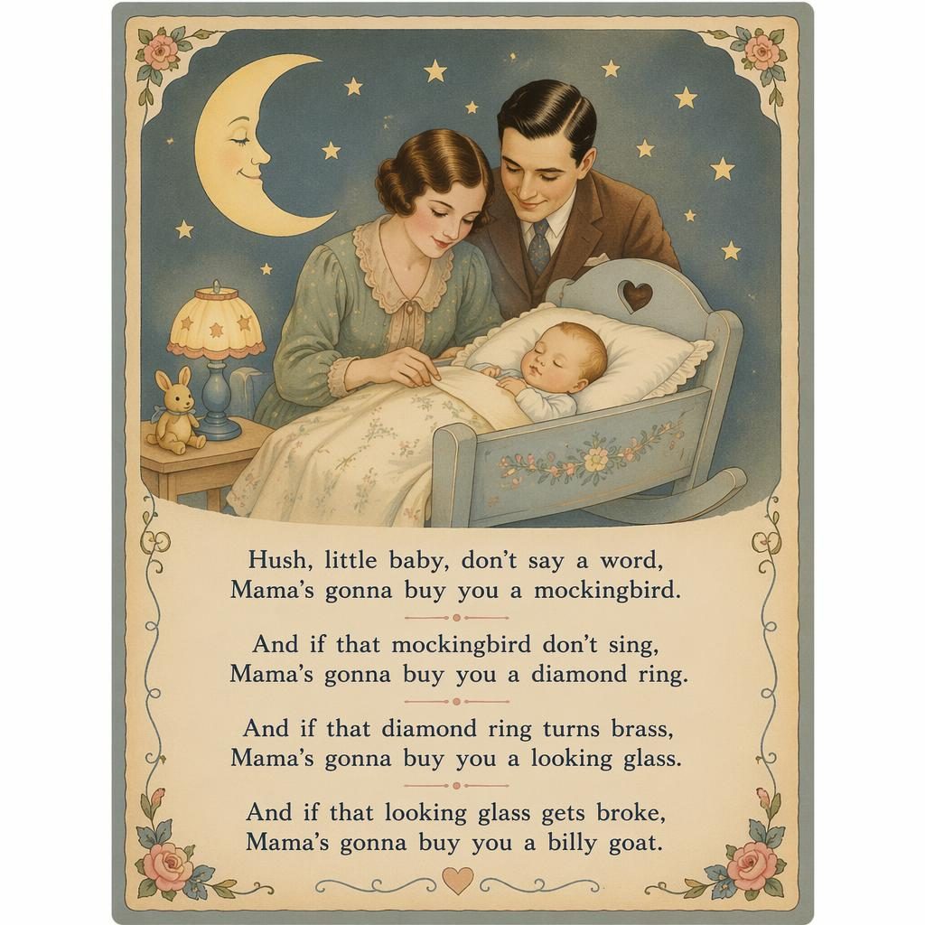 Vintage 1930s-style nursery poster with a gentle illustrated lullaby scene, muted colors, decorative border, and lyrics area.