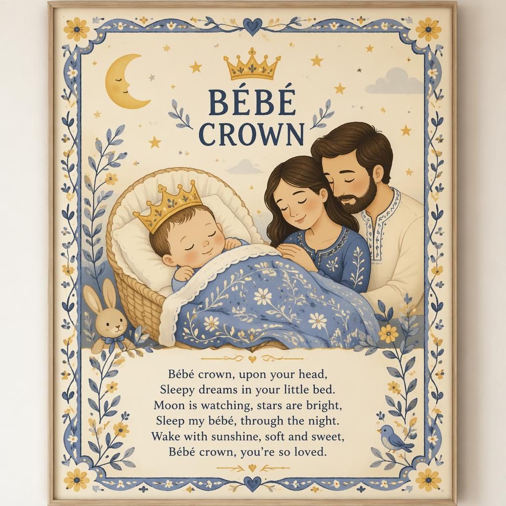 Folk art nursery poster with a bebe crown, soft yellow and blue tones, decorative border, and rhyme lyrics at bottom