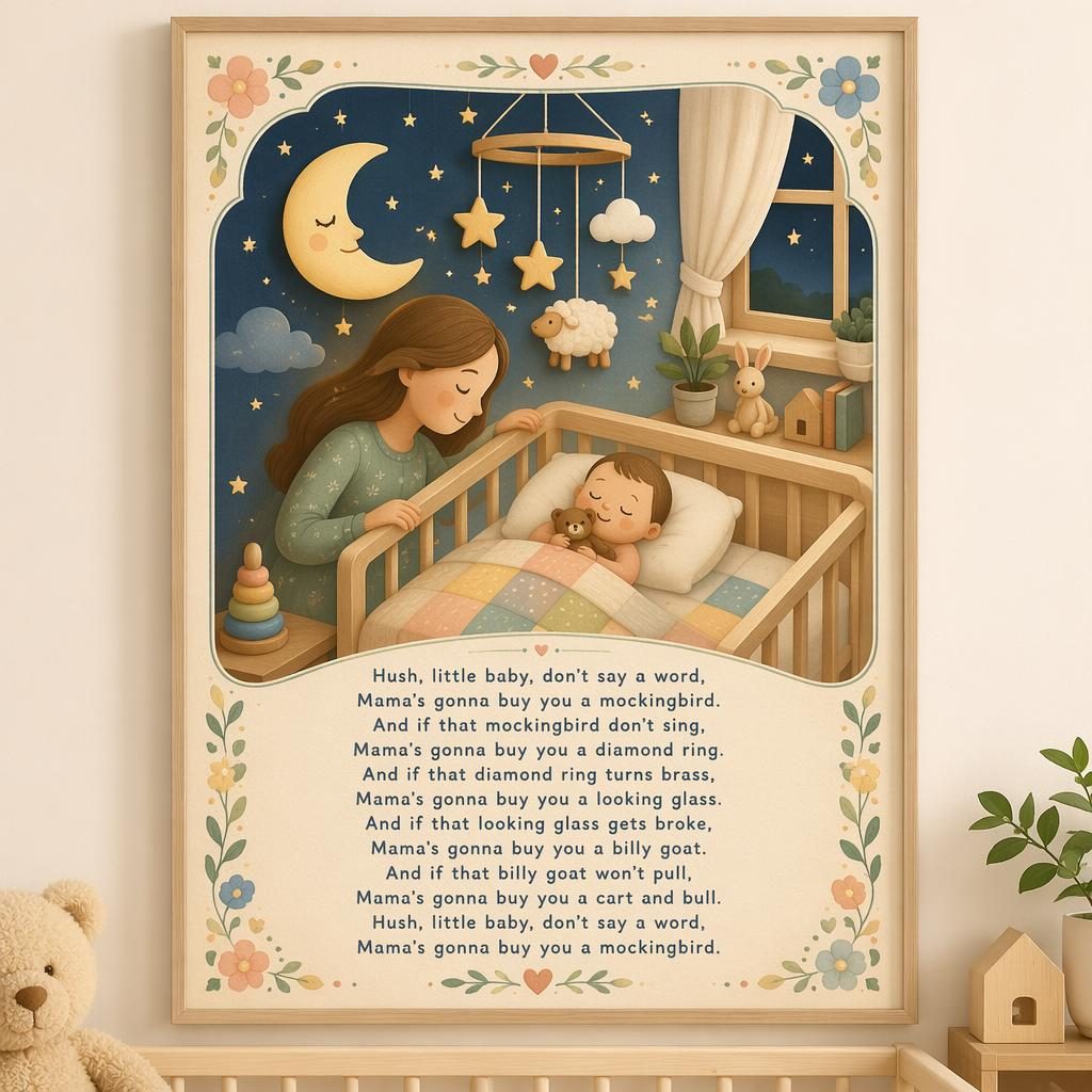 Illustrated nursery wall poster above a crib with pastel tones, wooden toy style, decorative border, and lullaby lyrics at bottom.