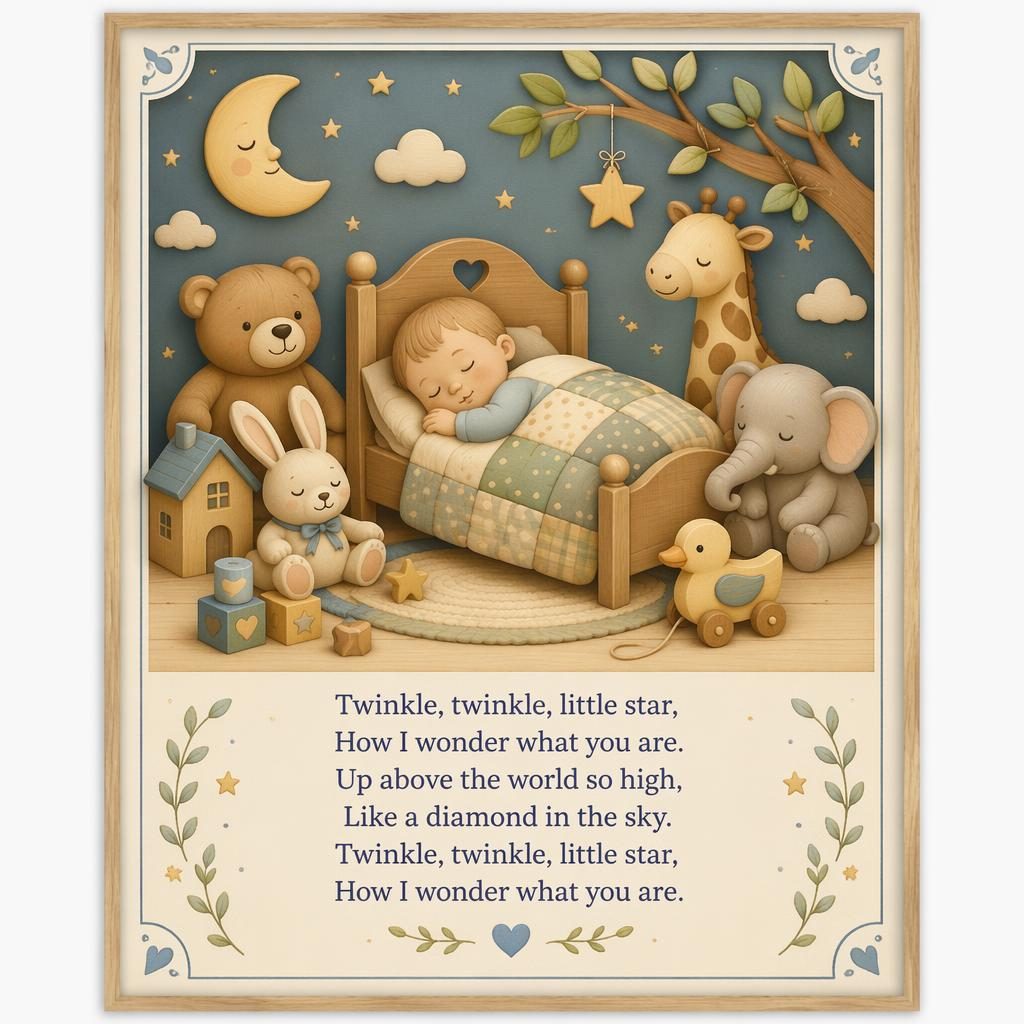 Illustratives Tierposter fürs Kinderzimmer im Holzspielzeug-Stil mit Pastellfarben, Bordüre und Liedtext unten