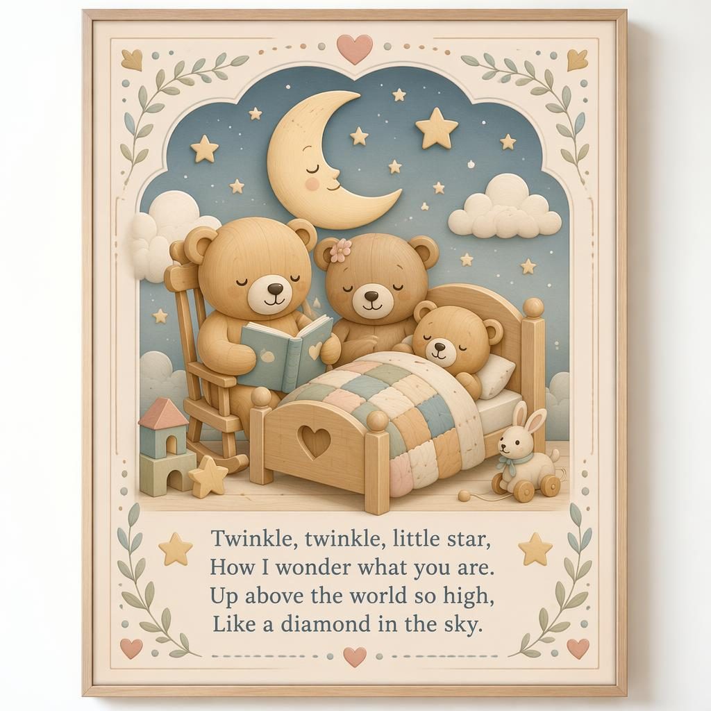 Póster infantil ilustrado con escena de nana, paleta pastel acogedora, borde decorativo y texto de canción al pie.