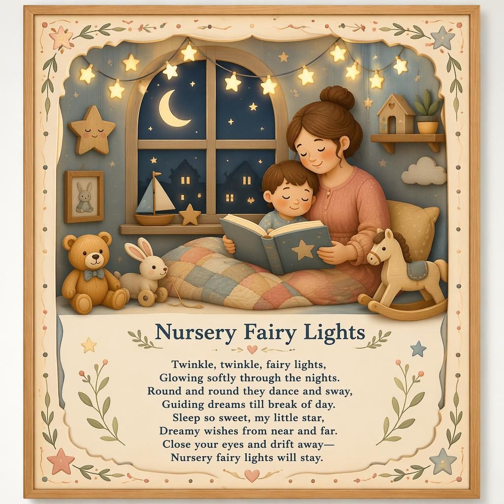 Illustrated nursery poster with fairy lights, wooden toys, pastel colors, decorative border, and clean lyrics at bottom