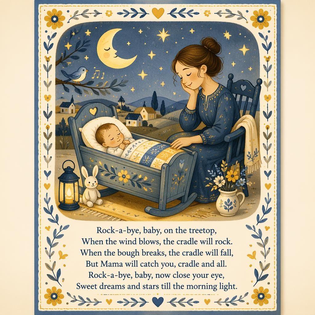 Folk art nursery poster in soft yellow and blue with a gentle illustrated lullaby scene, decorative border, and lyrics at bottom.