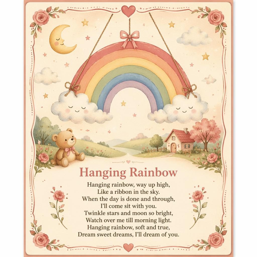 Storybook-style nursery poster with a hanging rainbow, warm cream and rose tones, decorative border, and lyrics area at bottom.