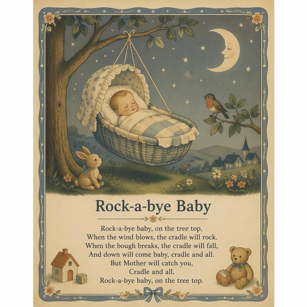 Illustriertes Kinderzimmer-Poster im Stil der 1930er mit sanften Farben, Reimszene, Zierrahmen und Liedtext unten.