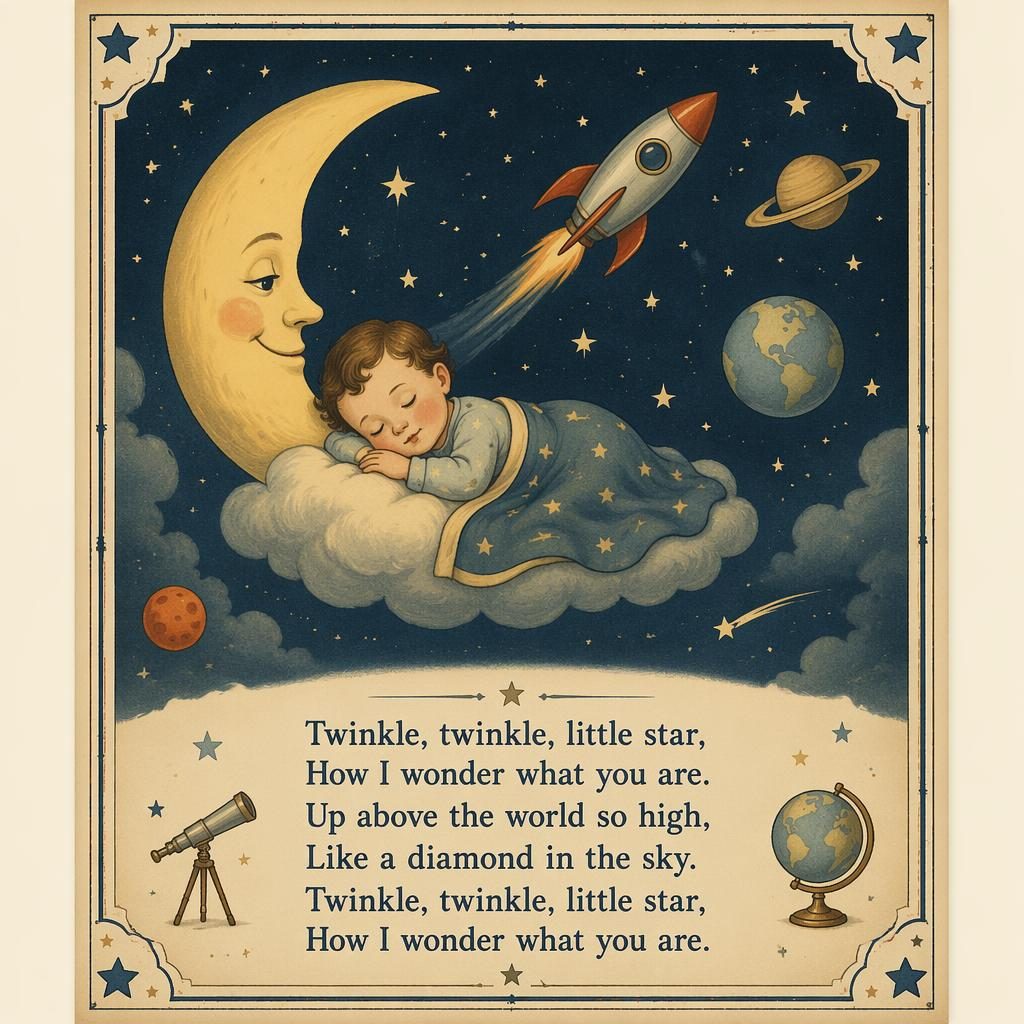 Vintage-style nursery poster of a gentle outer space scene with muted colors, decorative border, and rhyme text at bottom.